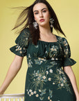 Green Floral Print Square Neck Puff Sleeve Fit  Flare Dress