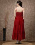 Red Striped Embellished Shoulder Straps Gathered & Tiered Detail Maxi Dress