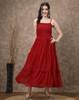 Red Striped Embellished Shoulder Straps Gathered & Tiered Detail Maxi Dress