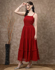 Red Striped Embellished Shoulder Straps Gathered & Tiered Detail Maxi Dress