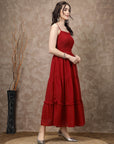 Red Striped Embellished Shoulder Straps Gathered & Tiered Detail Maxi Dress