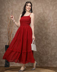 Red Striped Embellished Shoulder Straps Gathered & Tiered Detail Maxi Dress