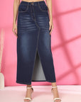 Solid Blue Women A-Line Knitted Maxi Skirt