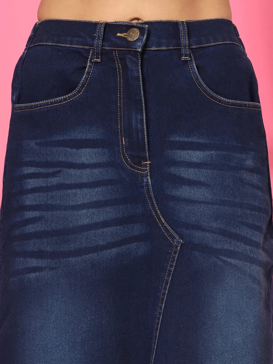 Solid Blue Women A-Line Knitted Maxi Skirt