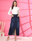 Solid Blue Women A-Line Knitted Maxi Skirt