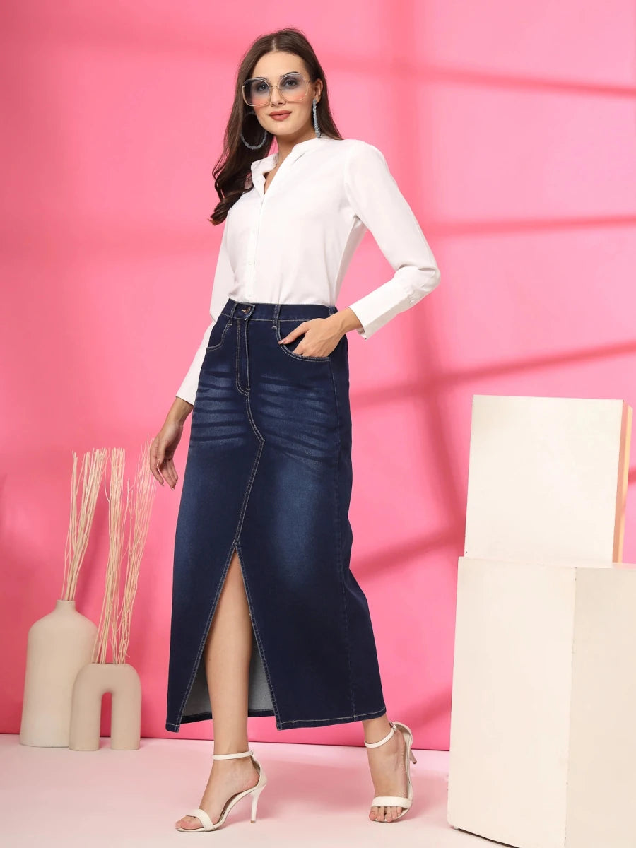 Solid Blue Women A-Line Knitted Maxi Skirt