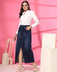 Solid Blue Women A-Line Knitted Maxi Skirt