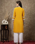 Mustard Yellow Floral Embroidered Thread Work Cotton Straight Kurta