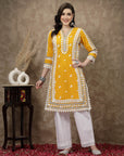 Mustard Yellow Floral Embroidered Thread Work Cotton Straight Kurta