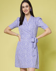 Lavender Floral Printed Shirt Collar Warp Dress