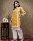 Mustard Yellow Floral Embroidered Thread Work Cotton Straight Kurta