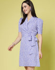 Lavender Floral Printed Shirt Collar Warp Dress