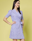 Lavender Floral Printed Shirt Collar Warp Dress