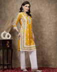 Mustard Yellow Floral Embroidered Thread Work Cotton Straight Kurta