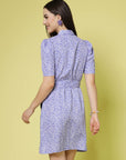 Lavender Floral Printed Shirt Collar Warp Dress