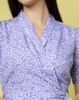 Lavender Floral Printed Shirt Collar Warp Dress