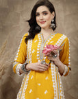 Mustard Yellow Floral Embroidered Thread Work Cotton Straight Kurta