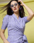 Lavender Floral Printed Shirt Collar Warp Dress