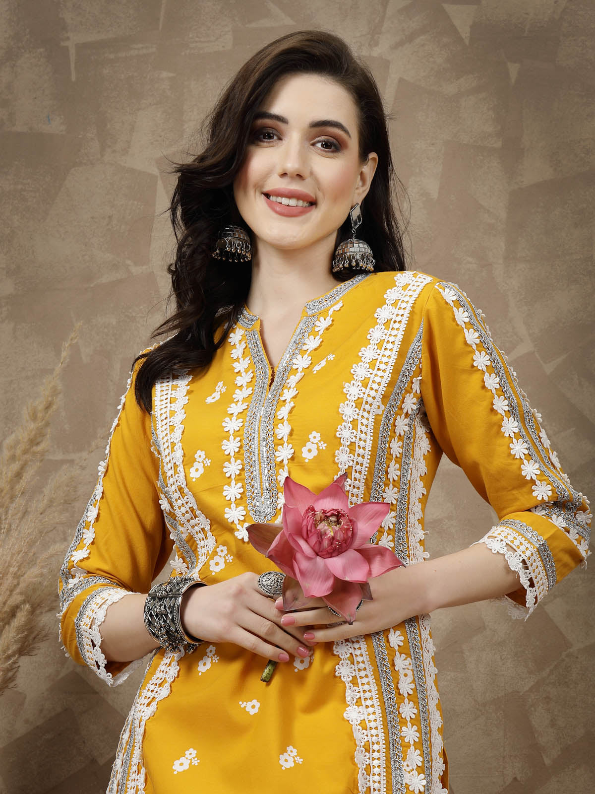 Mustard Yellow Floral Embroidered Thread Work Cotton Straight Kurta