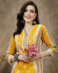 Mustard Yellow Floral Embroidered Thread Work Cotton Straight Kurta