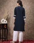 Navy Blue & White Ethnic Motifs Embroidered Thread Work Cotton Kurta