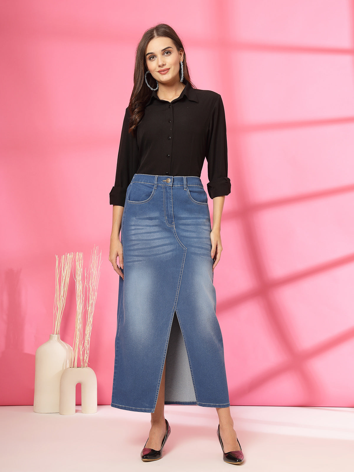 Women A-Line Denim Maxi Skirt