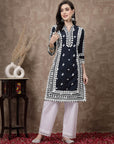 Navy Blue & White Ethnic Motifs Embroidered Thread Work Cotton Kurta