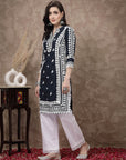 Navy Blue & White Ethnic Motifs Embroidered Thread Work Cotton Kurta