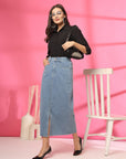 Women Denim A-Line Midi Skirt