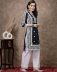 Navy Blue & White Ethnic Motifs Embroidered Thread Work Cotton Kurta