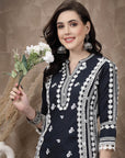 Navy Blue & White Ethnic Motifs Embroidered Thread Work Cotton Kurta
