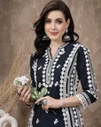 Navy Blue & White Ethnic Motifs Embroidered Thread Work Cotton Kurta