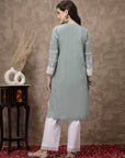 Sea Green  White Ethnic Motifs Printed Pure Cotton A Line Kurta