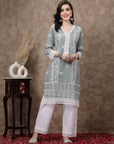 Sea Green  White Ethnic Motifs Printed Pure Cotton A Line Kurta