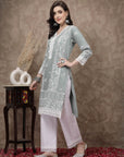 Sea Green  White Ethnic Motifs Printed Pure Cotton A Line Kurta