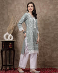Sea Green  White Ethnic Motifs Printed Pure Cotton A Line Kurta