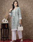 Sea Green  White Ethnic Motifs Printed Pure Cotton A Line Kurta