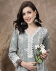 Sea Green  White Ethnic Motifs Printed Pure Cotton A Line Kurta