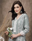 Sea Green  White Ethnic Motifs Printed Pure Cotton A Line Kurta