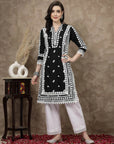 Black Floral Embroidered Thread Work Cotton Straight Kurta