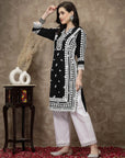 Black Floral Embroidered Thread Work Cotton Straight Kurta