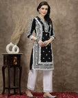 Black Floral Embroidered Thread Work Cotton Straight Kurta