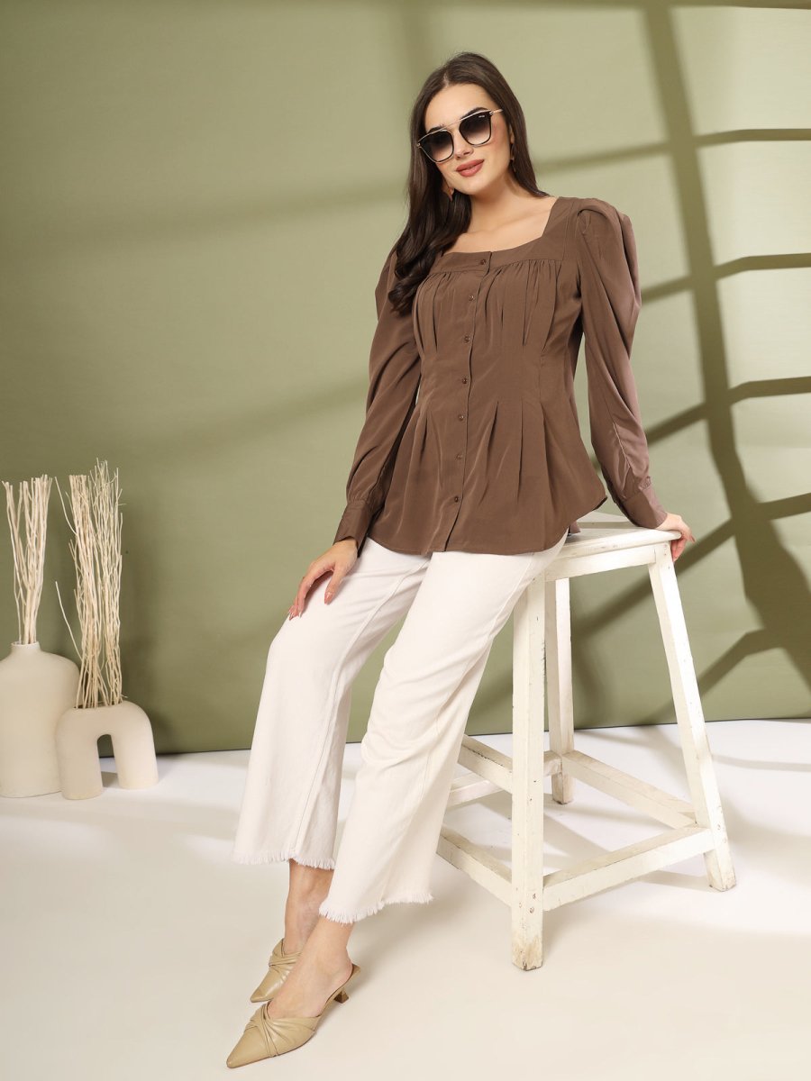 Women Collarless Solid Full Sleeve Buttoned Top