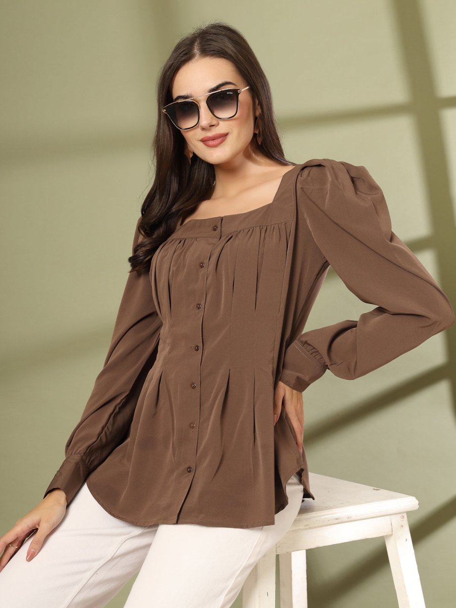 Women Collarless Solid Full Sleeve Buttoned Top