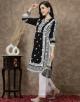 Black Floral Embroidered Thread Work Cotton Straight Kurta