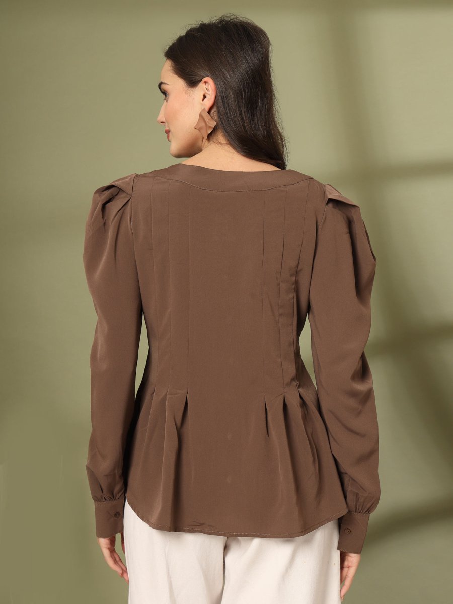 Women Collarless Solid Full Sleeve Buttoned Top