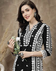 Black Floral Embroidered Thread Work Cotton Straight Kurta