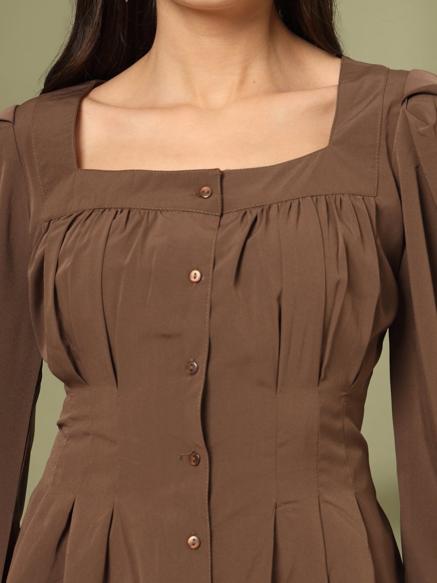 Women Collarless Solid Full Sleeve Buttoned Top