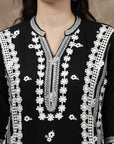 Black Floral Embroidered Thread Work Cotton Straight Kurta