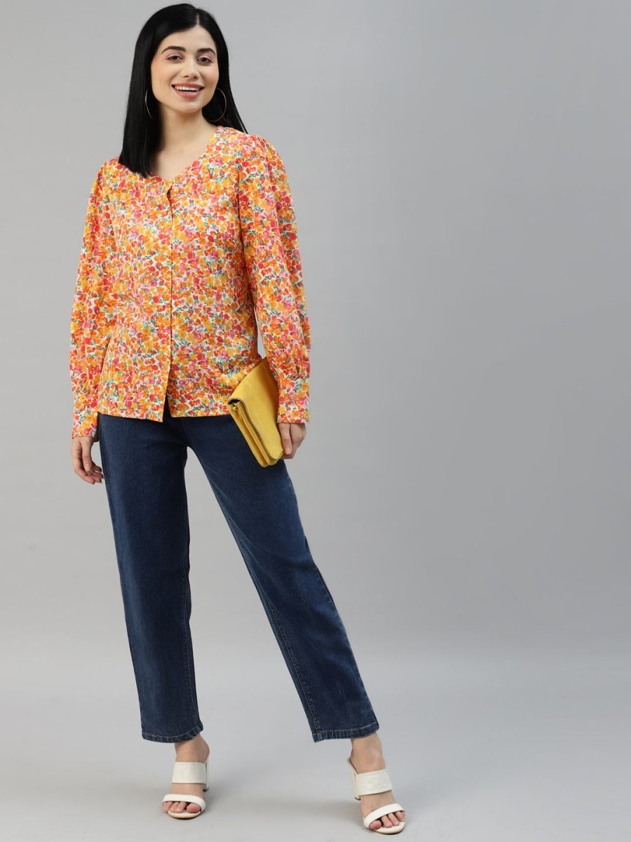 Orange Floral Printed Casual Buttoned Top